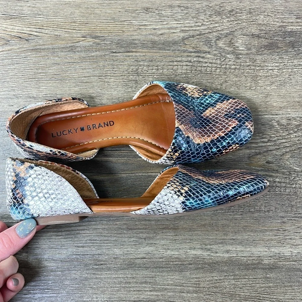 Lucky Brand Women’s DROWE Leather D'Orsay Flats  Tan Black Teal Snake Print, 6 - Picture 3 of 9